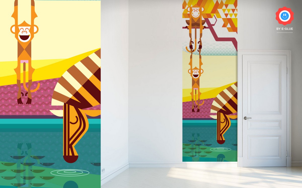 kids wallpaper mural monkey and zebra