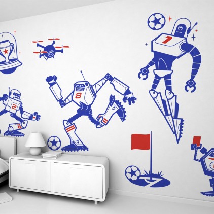 kit vinilos infantiles cama niño robots futbolistas