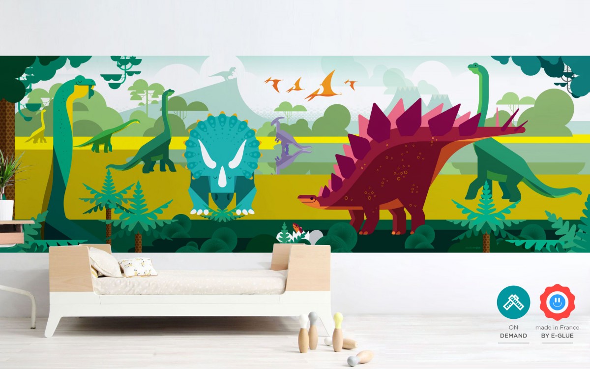 mural infantil panorámico dinosaurios