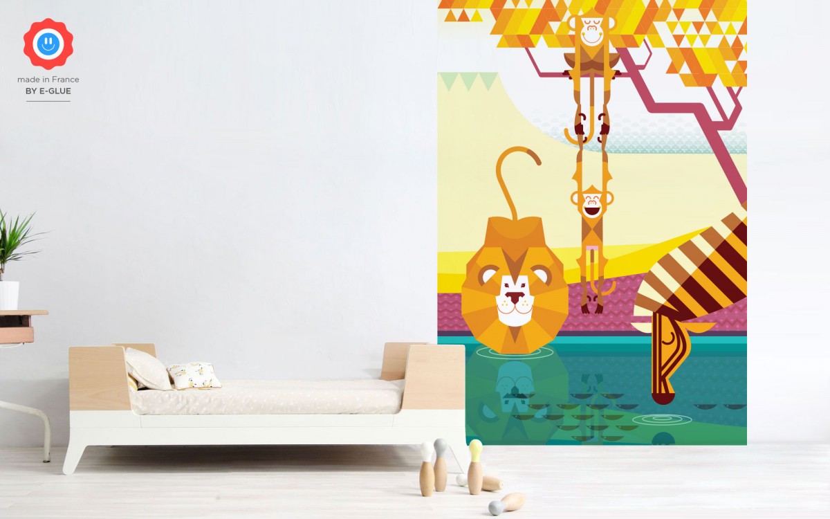 mural infantil monos, león, cebra