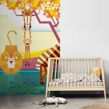 Fresque Murale Papier-Peint Enfants sur Mesure, singes, lion, zèbre