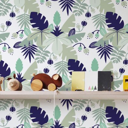 blue tropical jungle leaves wallpaper for kids room, boys room