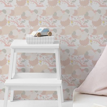 cute pink bird wallpaper for kids room, girls room or baby nursery