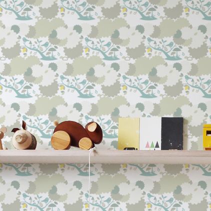 papier peint oiseaux et feuillage bleu pour chambre enfant bébé ou garçon