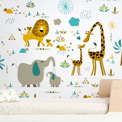 cute jungle animals wallpaper for children's room or baby nursery