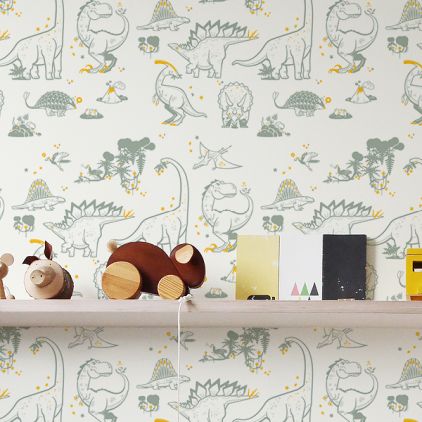 grey and yellow dinosaur wallpaper for modern boys room