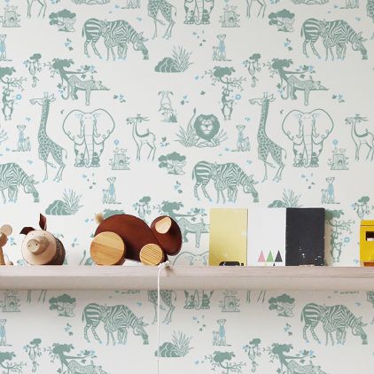 cute safari animals wallpaper green grey and blue for trendy boys room