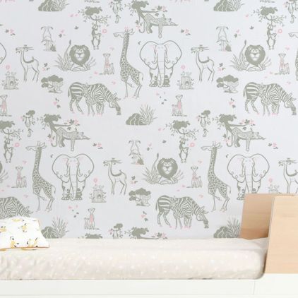 cute jungle animals wallpaper taupe and pink for trendy girls room