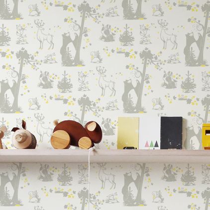 joli papier peint enfant animaux de la foret gris et jaune pour chambre enfant et bébé