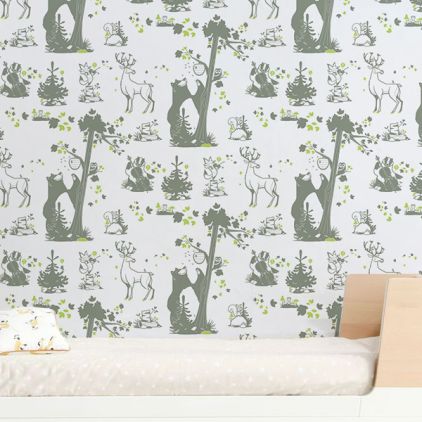 joli papier peint enfant animaux de la foret kaki et vert pour chambre enfant garçon