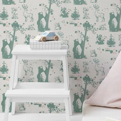 papel pintado infantil con lindos animales del bosque gris verde y rosa para habitaciones infantiles niñas
