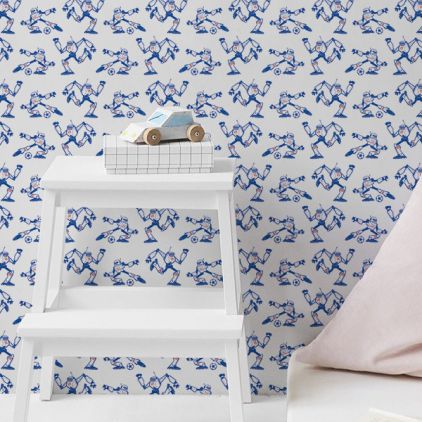 blue and red soccer football players wallpaper for modern boys room