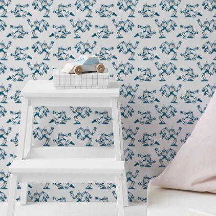 papier peint garçon joueurs de football bleu et jaune pour chambre enfant moderne