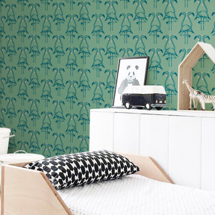 papel pintado infantil flamenco verde salvia para habitación infantil niña