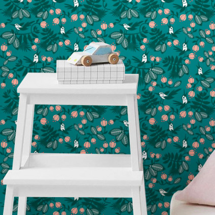 papier peint enfant oiseaux fleurs turquoise pour chambre bébé