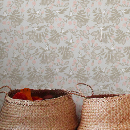 papier peint enfant oiseaux fleurs gris rose pour chambre bébé fille